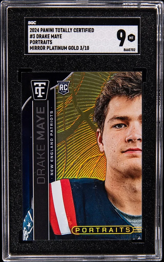 2024 Panini Drake Maye Totally Certified Portraits Mirror Platinum Gold #3 card image