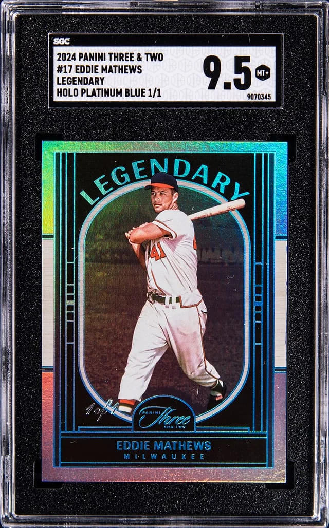 2024 Panini Eddie Matthews Three & Two Legendary-Holo Platinum Blue #17 card image