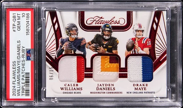 2024 Panini Flawless Caleb Williams / Drake Maye / Jayden Daniels Triple Patches-Ruby #TP-QB1 card image