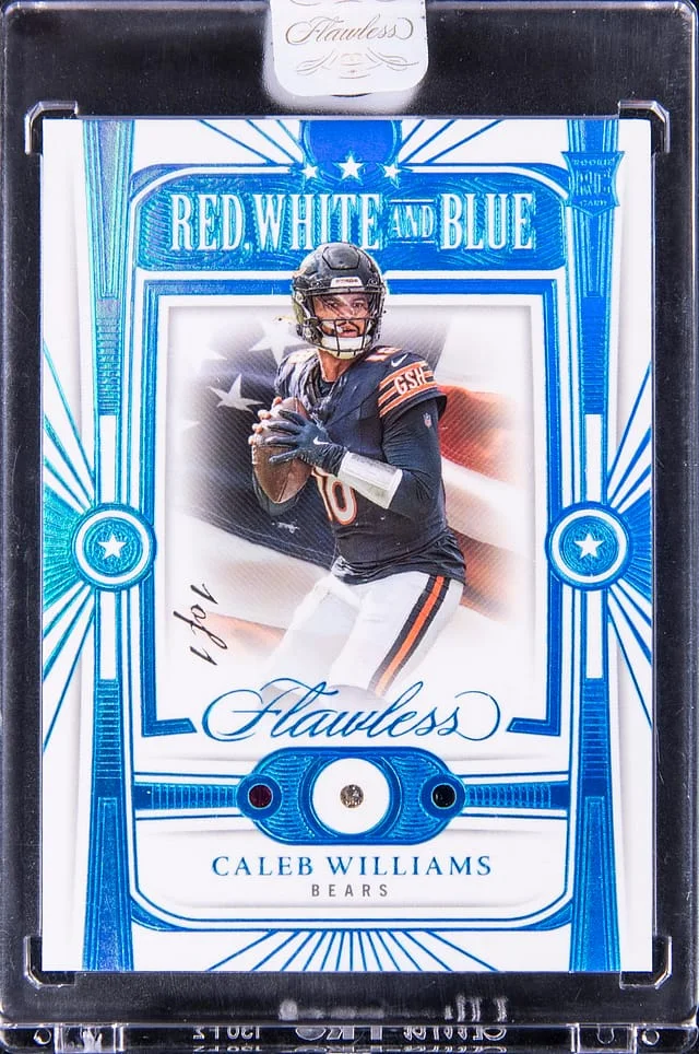 2024 Panini Flawless Caleb Williams Ruby, Diamond, Sapphire Relic - Panini Encased Red White and Blue #6 card image