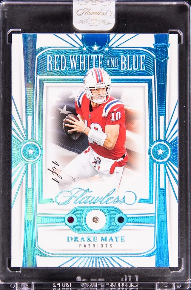 2024 Panini Flawless Drake Maye Gem Relic - Panini Encased Red, White And Blue #5 card image