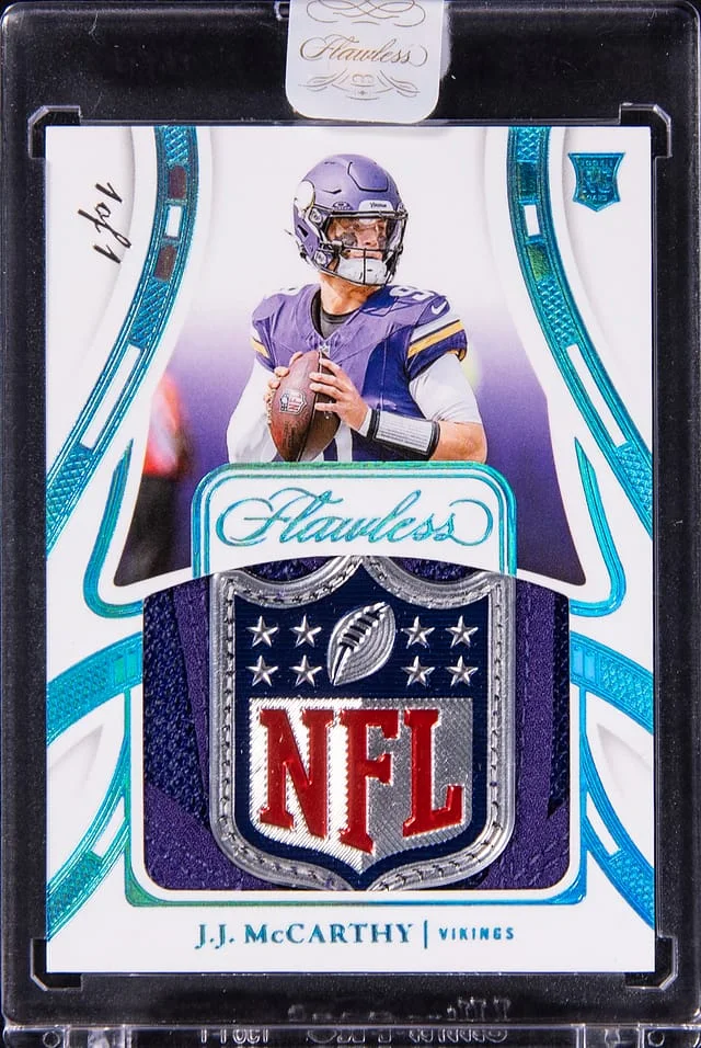 2024 Panini Flawless J.J. McCarthy NFL Shield Patch - Panini Encased Patches Platinum #FRP-JJM card image