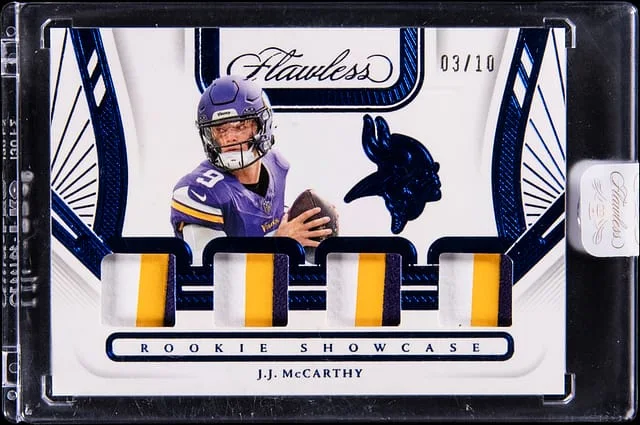 2024 Panini Flawless JJ McCarthy Patch - Panini Encased Showcase Sapphire #RS-JMY card image