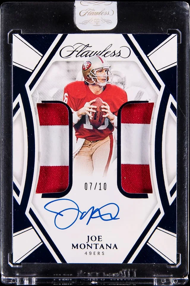 2024 Panini Flawless Joe Montana Dual Patch Autographs Sapphire #DPA-JMA card image
