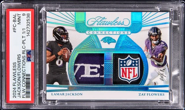 2024 Panini Flawless Lamar Jackson/Zay Flowers Flawless Connections Relic Platinum #FC-BAL card image