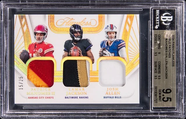 2024 Panini Flawless Patrick Mahomes II/Josh Allen/Lamar Jackson Triple Patches #TP-QB3 card image