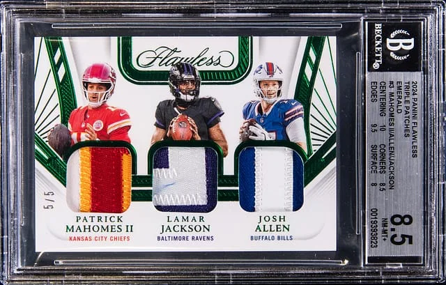 2024 Panini Flawless Patrick Mahomes II/Lamar Jackson/Josh Allen Triple Patches Emerald #3 card image