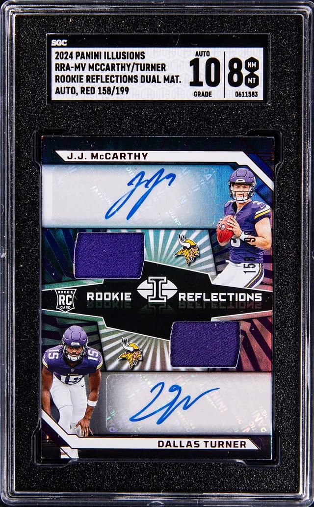 2024 Panini Illusions JJ McCarthy, Dallas Turner Reflections Dual Material Autograph-Red #RRA-MV card image