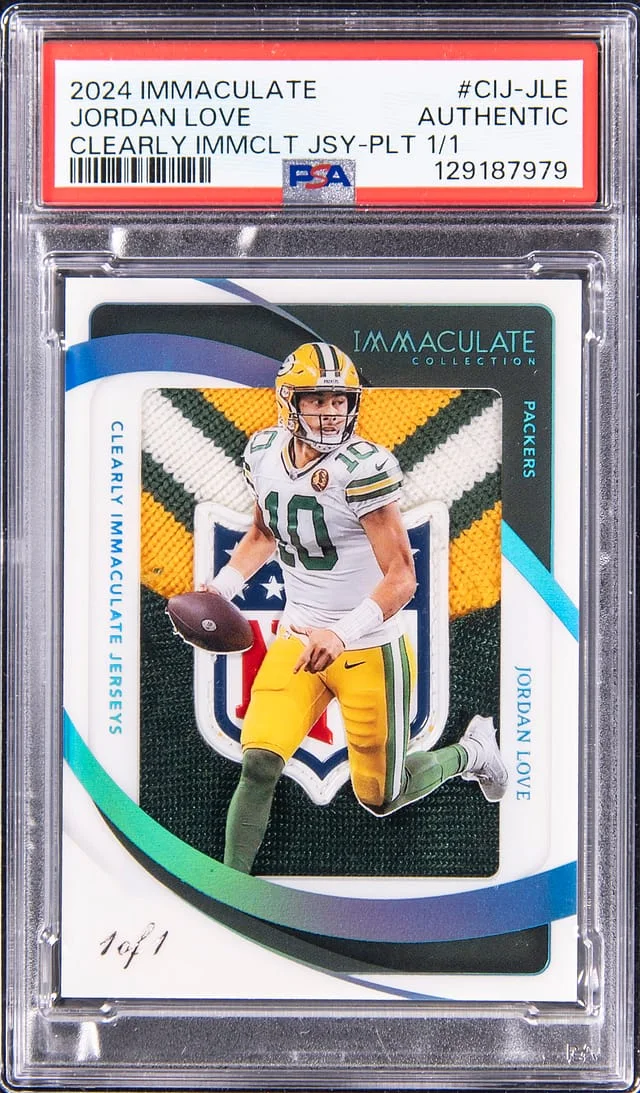 2024 Panini Immaculate Collection Jordan Love NFL Shield Clearly Immaculate Jerseys Platinum #CIJ-JLE card image