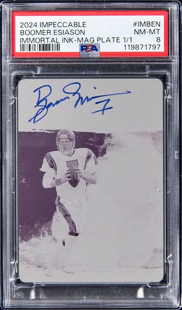 2024 Panini Impeccable Boomer Esiason Immortal Ink Magenta Plaate #IMBEN card image