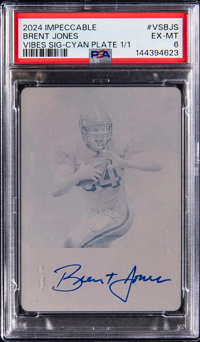 2024 Panini Impeccable Brent Jones Vibes Signaure Cyan Plate #VS-BJS card image