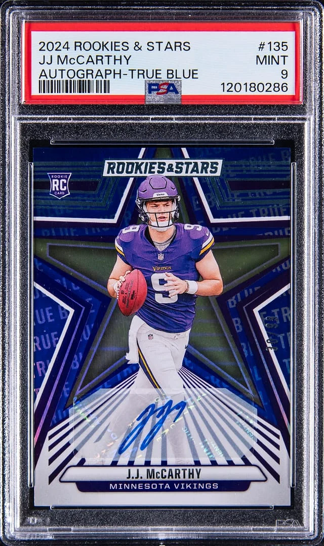 2024 Panini JJ McCarthy Rookies & Stars Autographs True Blue #135 card image