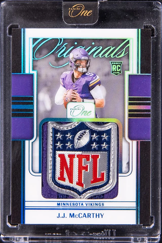2024 Panini J.J. McCarthy NFL Shield Patch - Panini Encased One Originals Patch Platinum #OOP-JMY card image
