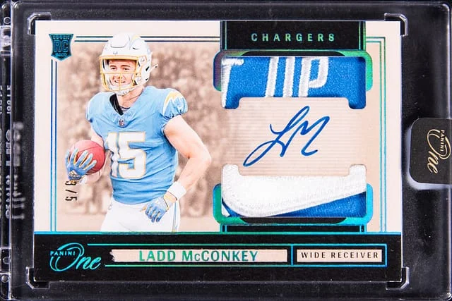 2024 Panini Ladd McConkey One Dual Patch Autographs Platinum #39 card image