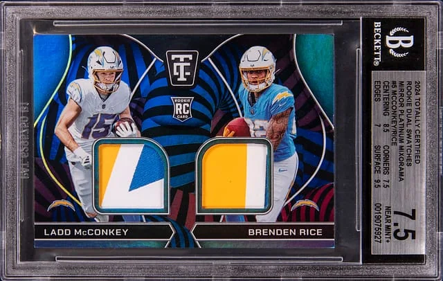 2024 Panini Ladd McConkey/Brenden Rice Totally Certified Dual Swatches Mirror Platinum Mixorama #RDS-LAC card image