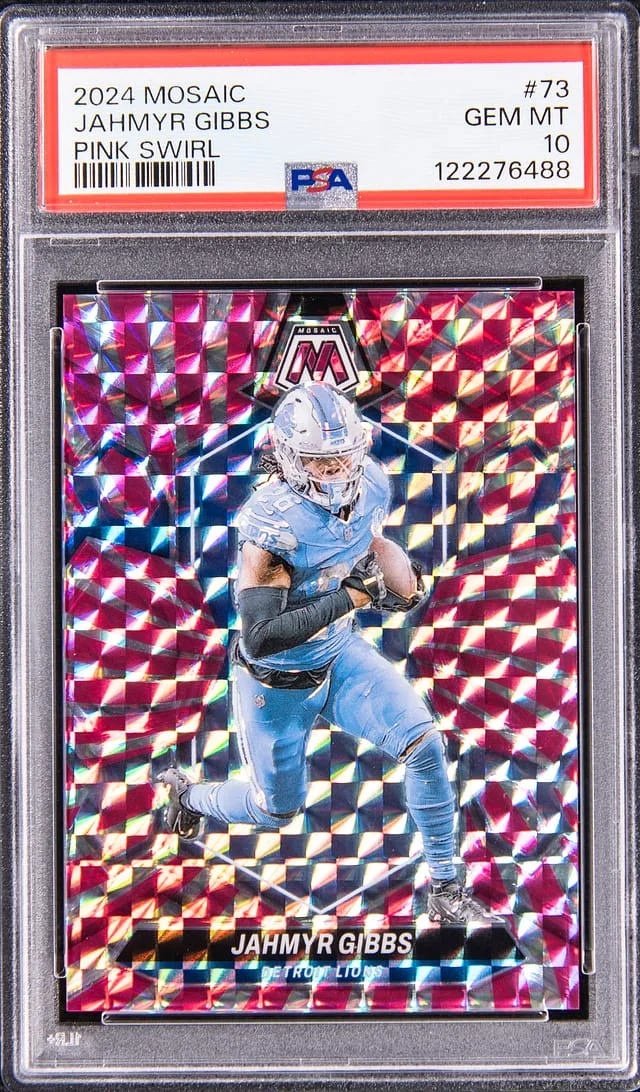 2024 Panini Mosaic Jahmyr Gibbs Pink Swirl #73 card image
