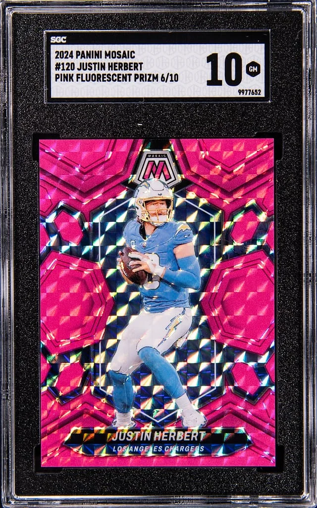 2024 Panini Mosaic Justin Herbert Pink Fluorescent Prizm #120 card image