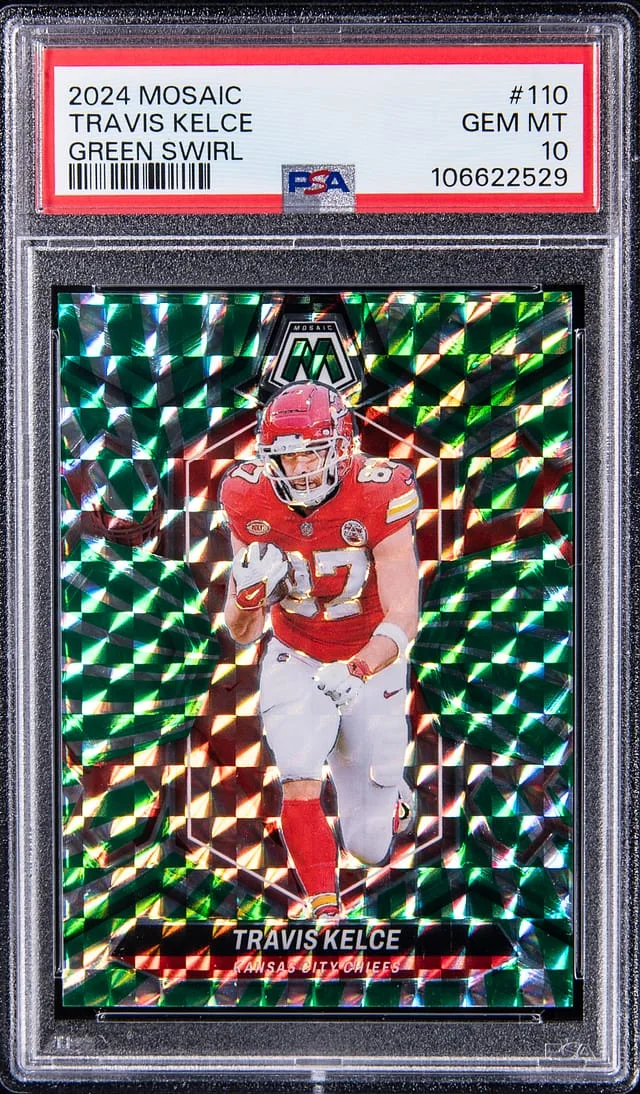 2024 Panini Mosaic Travis Kelce Blue Fluorescent #110 card image
