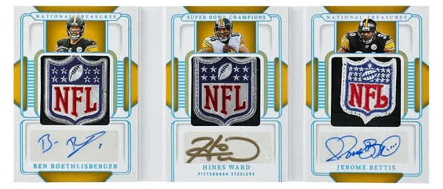 2024 Panini National Treasures Ben Roethlisberger/Hines Ward/Jerome Bettis Multi-Signed Patch Booklet Super Bowl Champions Triple Booklet Autographs NFL Shield #SGC-PIT card image