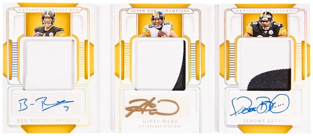 2024 Panini National Treasures Ben Roethlisberger/Hines Ward/Jerome Bettis Triple-Signed Super Bowl Champions Triple Booklet #SBC-PIT card image