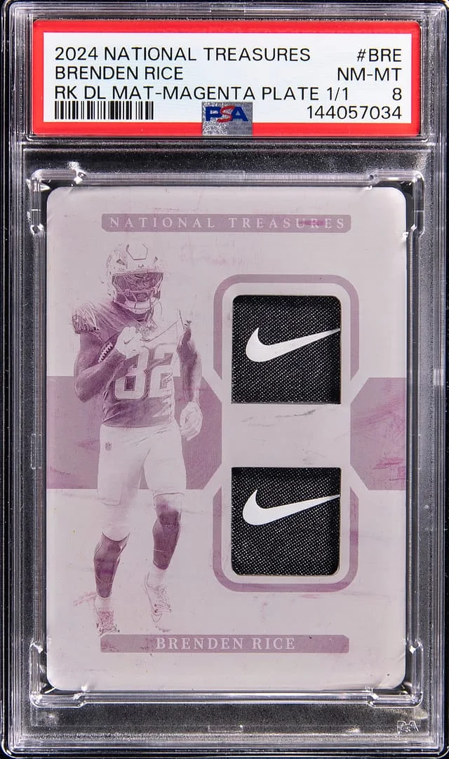 2024 Panini National Treasures Brenden Rice Dual Materials Magenta Plate #RDM-BRE card image