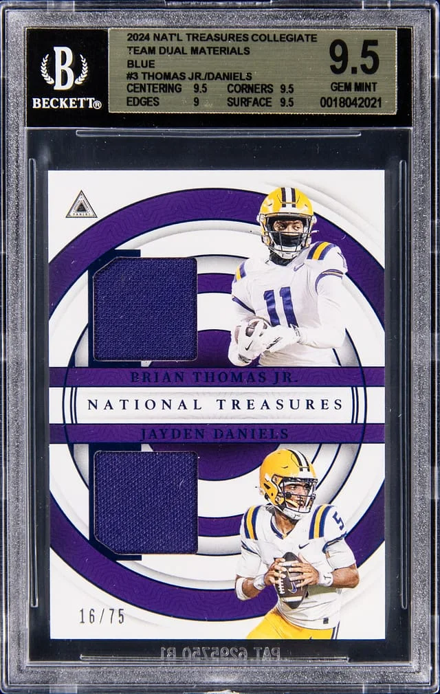 2024 Panini National Treasures Brian Thomas Jr., Jayden Daniels Collegiate Team Dual Materials #3 card image