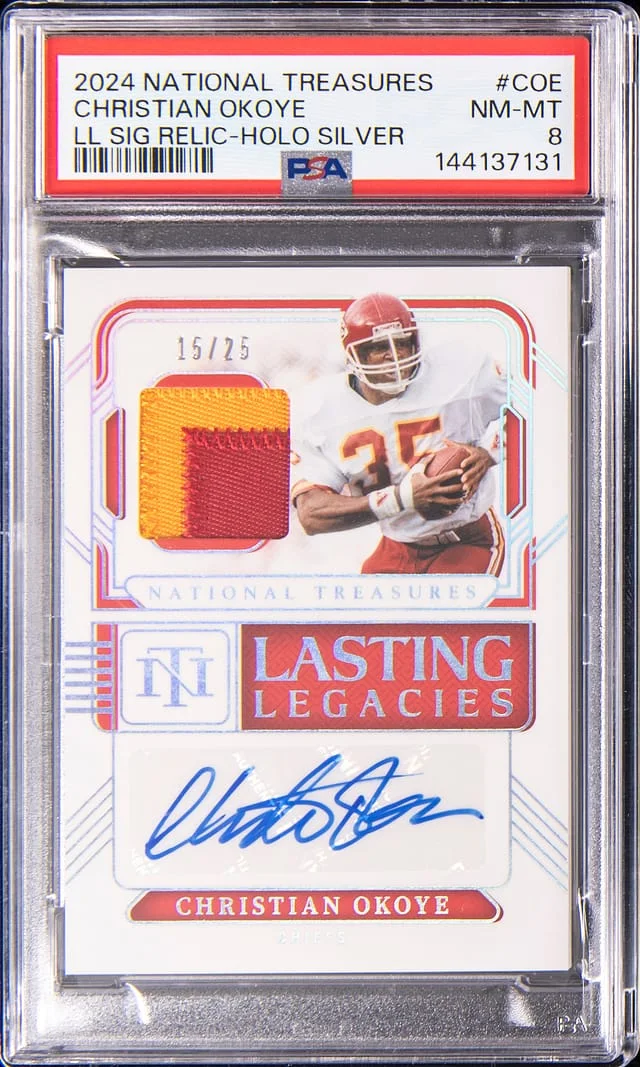 2024 Panini National Treasures Christian Okoye Lasting Legacies Signatures Relic Holo Silver #LL-COE card image
