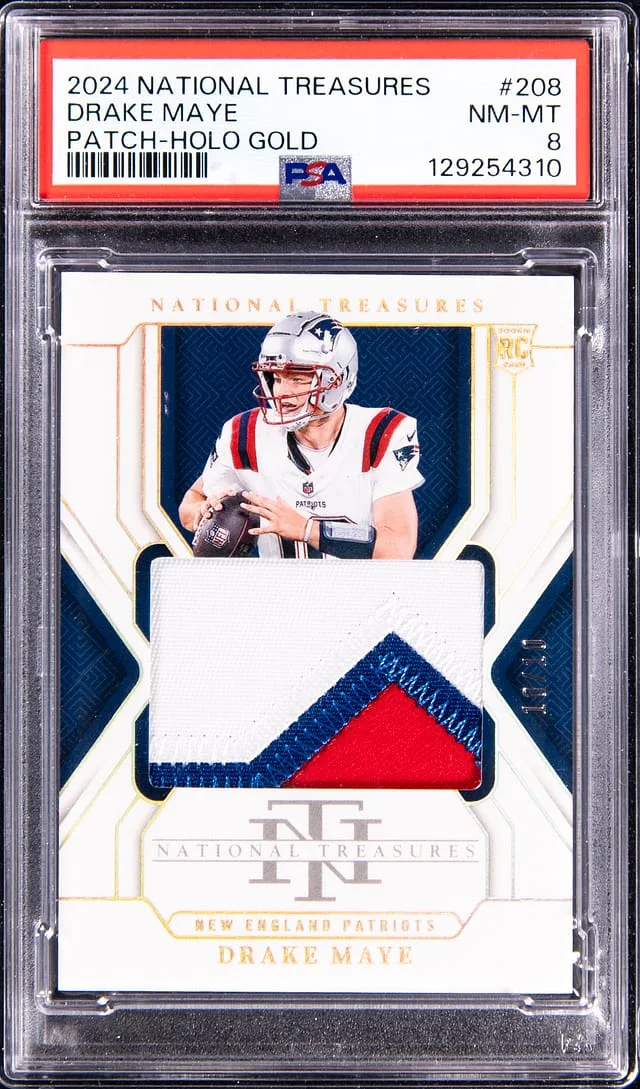 2024 Panini National Treasures Drake Maye Patch Holo Gold #208 card image