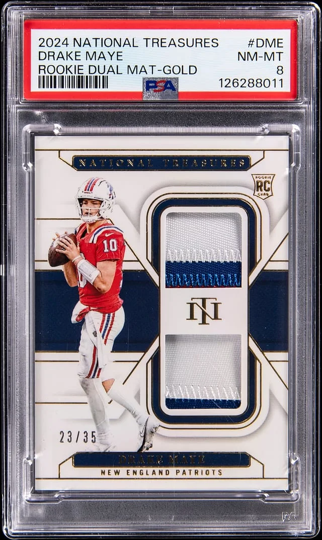 2024 Panini National Treasures Drake Maye Dual Material-Gold #RDM-DME card image