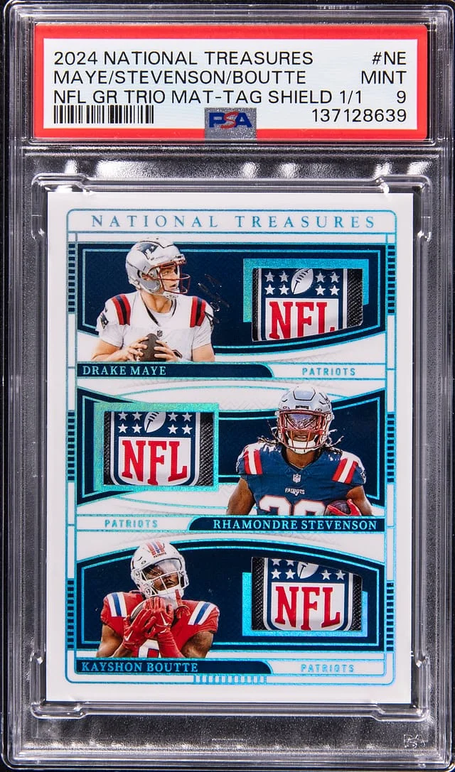 2024 Panini National Treasures Drake Maye/Rhamondre Stevenson/Kayshon Boutte NFL Gear Trio Materials Laundry Tags NFL Shield #NGT-NE card image