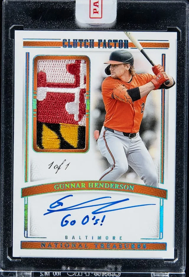 2024 Panini National Treasures Gunnar Henderson Clutch Factor Signature Patches Platinum #CFS-GHN card image