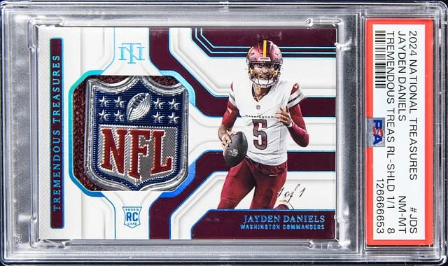 2024 Panini National Treasures Jayden Daniels NFL Shield Tremendous Treasure Relic Shield #TTS-JDS card image