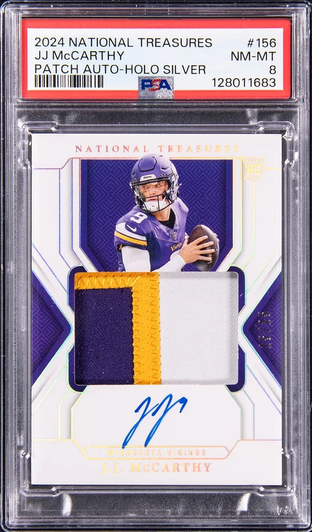 2024 Panini National Treasures JJ McCarthy Patch Autograph (RPA) Stars & Stripes Platinum NFL Shield #156 card image