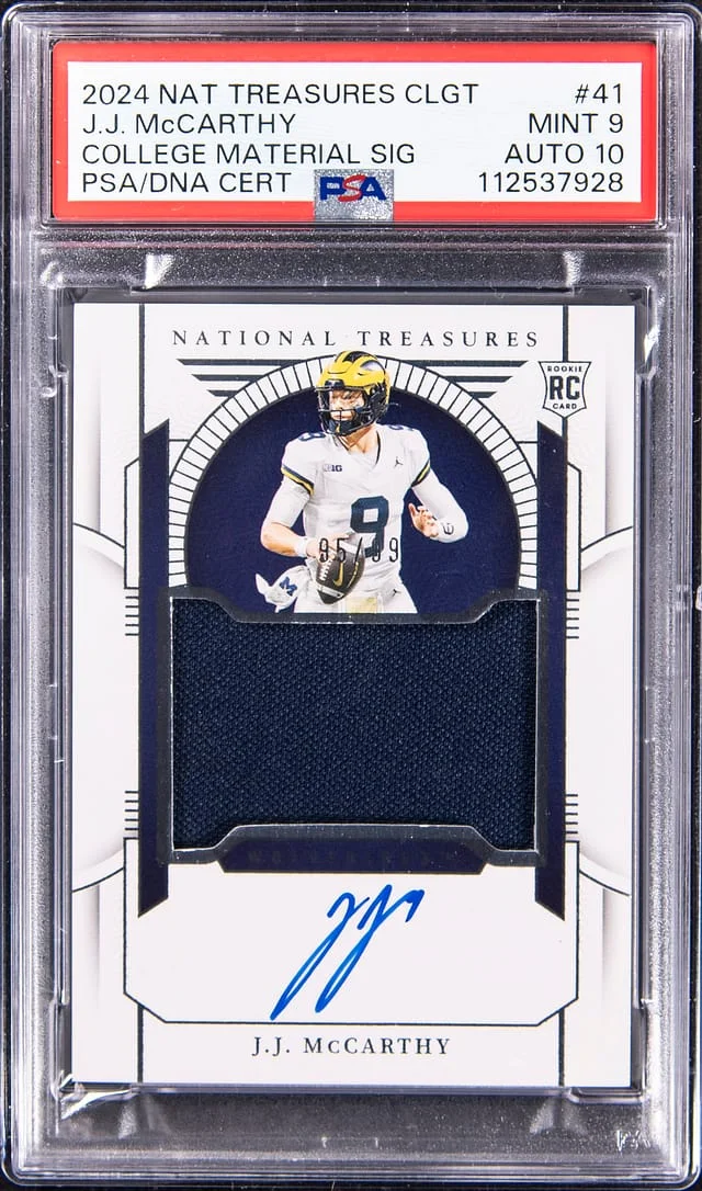 2024 Panini National Treasures J.J. McCarthy Collegiate College Material Signatures #41 card image