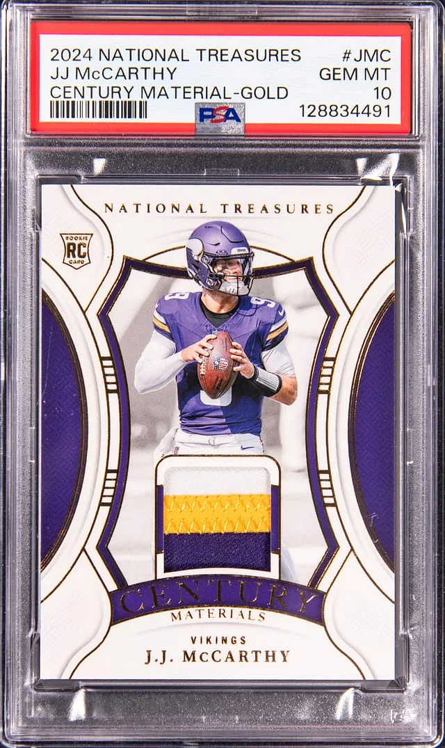 2024 Panini National Treasures J.J. McCarthy Century Materials Gold #CM-JMC card image