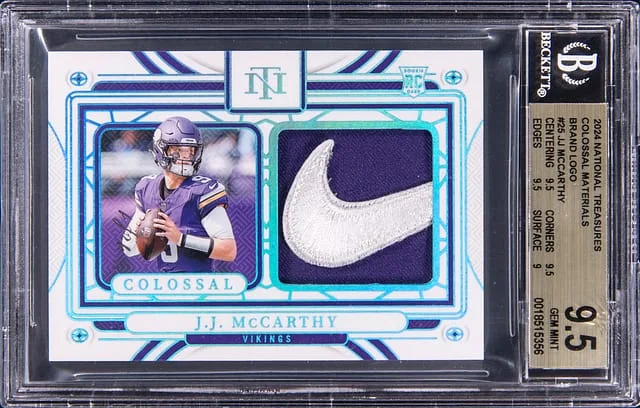 2024 Panini National Treasures J.J. McCarthy Colossal Materials Brand Logo #CM-JMY card image