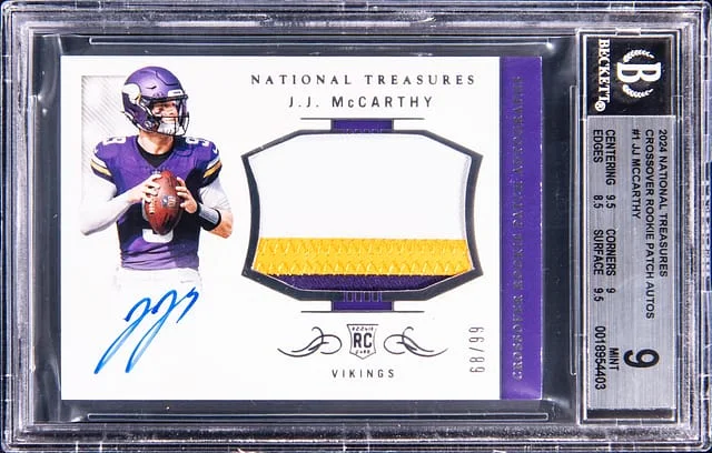 2024 Panini National Treasures J.J. McCarthy Crossover Patch Autographs #CRPA-JMY card image