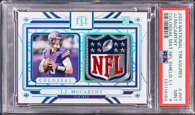 2024 Panini National Treasures J.J. McCarthy NFL Shield Colossal Material NFL Shield #CM-JMY card image