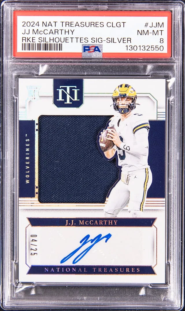 2024 Panini National Treasures JJ McCarthy Collegiate Rookies Silhouettes Signature Silver #RSS-JJM card image