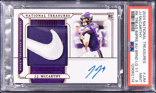 2024 Panini National Treasures J.J. McCarthy Treasured Impressions Autographed Brand Logo #RTI-JJM card image