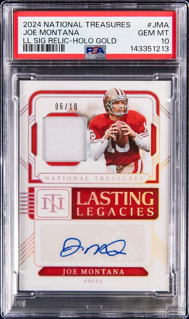 2024 Panini National Treasures Joe Montana Last Legacies Signatures Holo Gold #LL-JMA card image