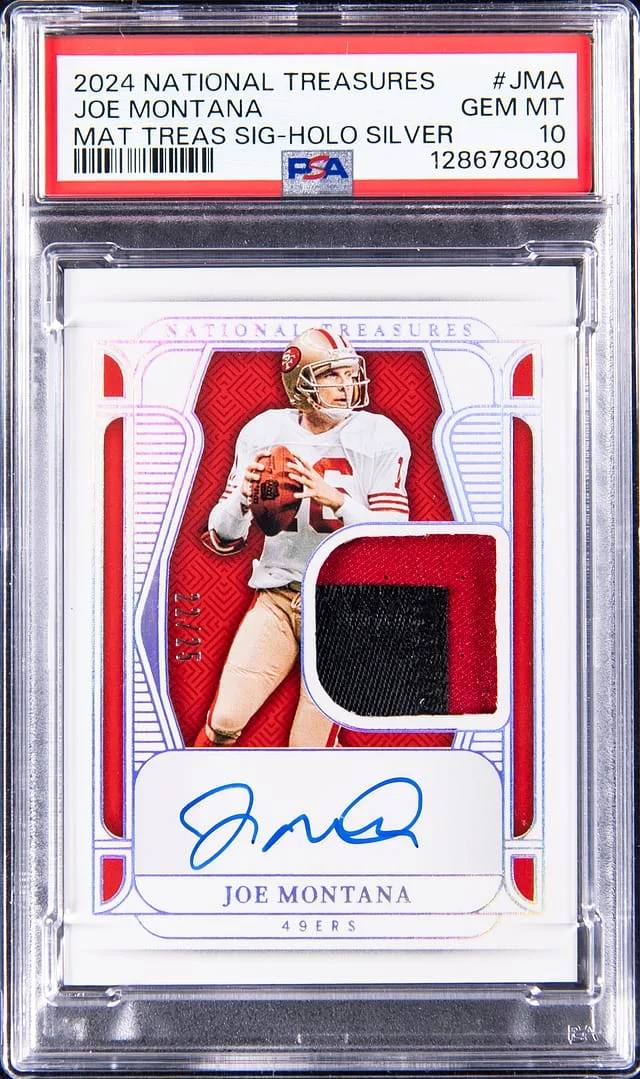 2024 Panini National Treasures Joe Montana Material Treasures Signatures Holo Silver #MT-JMA card image