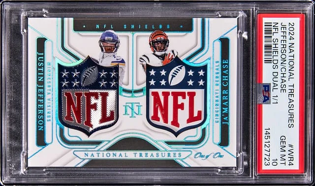 2024 Panini National Treasures Justin Jefferson/Ja'Marr Chase NFL Shields Dual #NSD-WR4 card image
