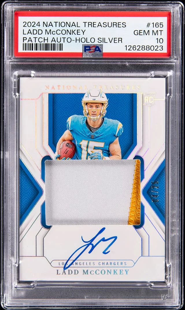 2024 Panini National Treasures Ladd McConkey Patch Autograph-Holo Silver #165 card image