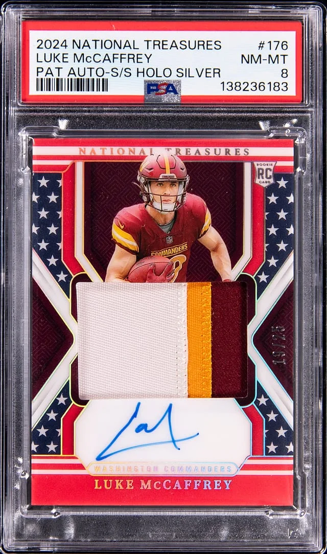 2024 Panini National Treasures Luke McCaffrey Patch Autographs (RPA) Stars & Stripes Holo Silver #176 card image