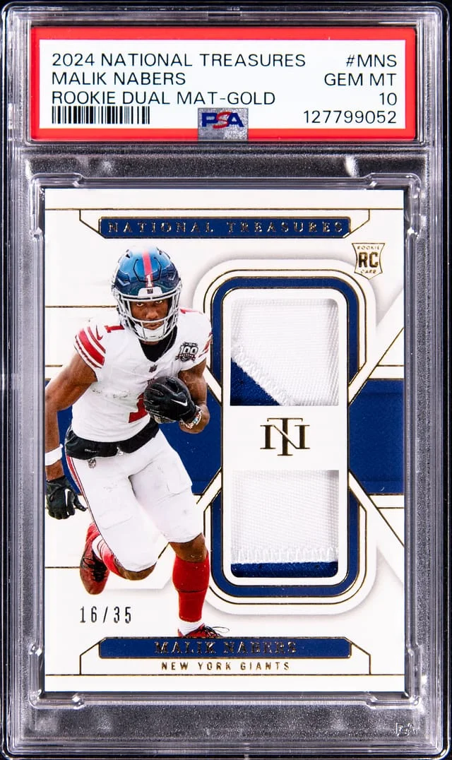 2024 Panini National Treasures Malik Nabers Dual Materials Gold #MNS card image