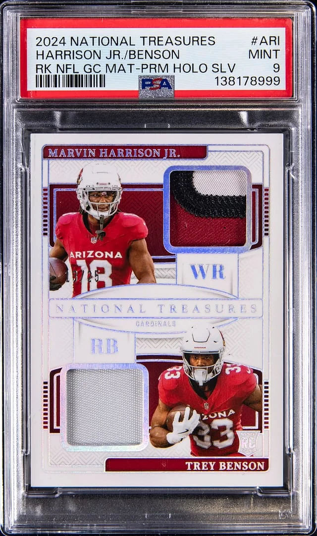 2024 Panini National Treasures Marvin Harrrison Jr./Trey Benson NFL Gear Combo Materials Prime Holo Silver #RNCG-ARI card image