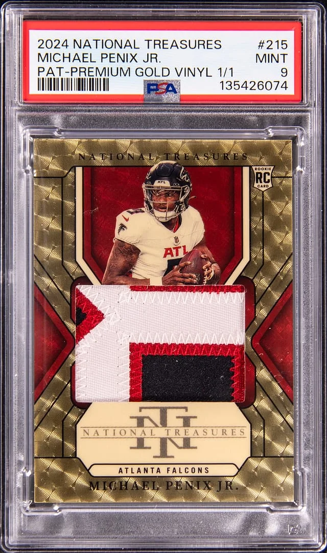 2024 Panini National Treasures Michael Penix Jr. Patch Premium Gold Vinyl #215 card image