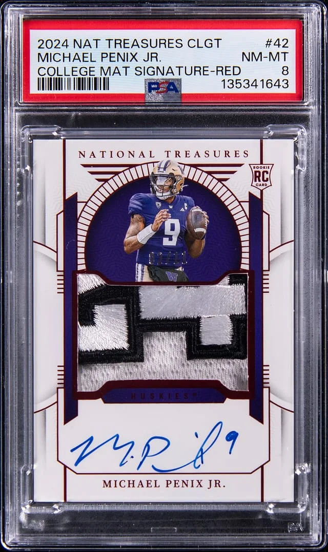 2024 Panini National Treasures Michael Penix Jr. Collegiate Material Signatures Red #42 card image