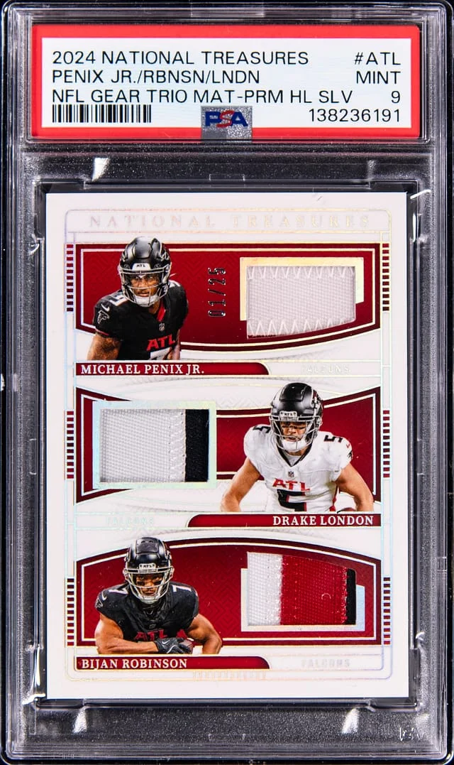 2024 Panini National Treasures Michael Penix Jr./Bijan Robinson/Drake London NFL Gear Trio Materials Prime Holo Silver #NGT-ATL card image